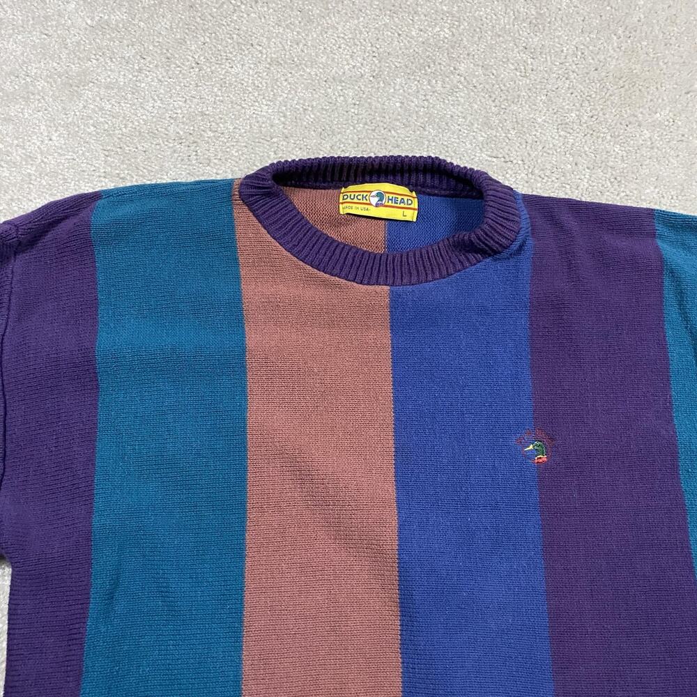 Vintage Duck Head Sweater Mens L Multicolor Stripe Knit Crewneck Made USA 90s - Picture 3 of 8